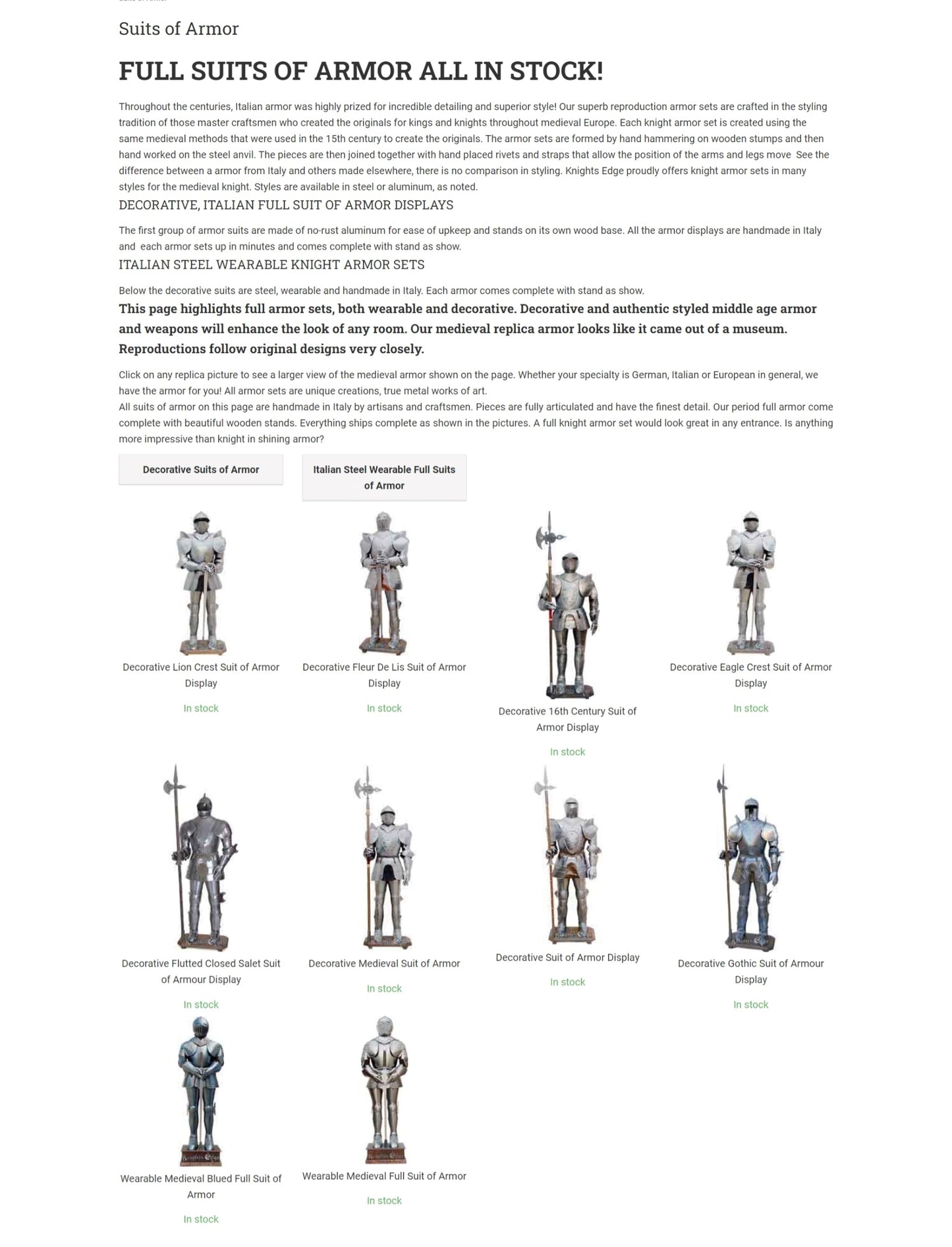 Full Suits of Armor Handmade in Italy